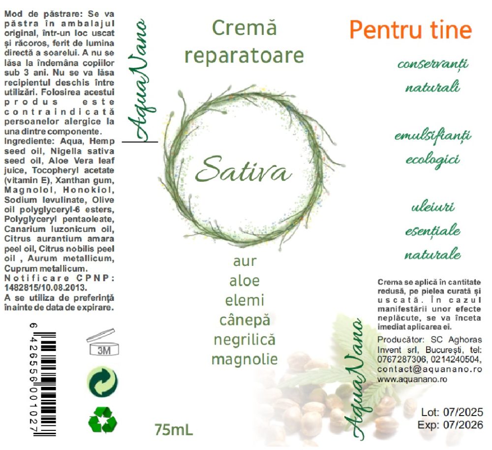 Sativa, cremă reparatoare, regeneratoare, cu extract de magnolie, Aloe Vera, cupru și aur, 75 ml - imagine 2