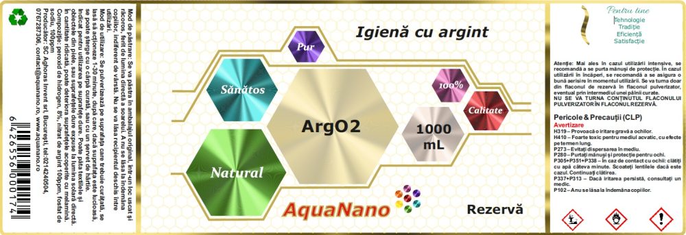 AquaNano ArgO2, soluţie pentru igienizarea suprafețelor, cu argint ionic şi oxigen activ, rezerva, 1000ml - imagine 2