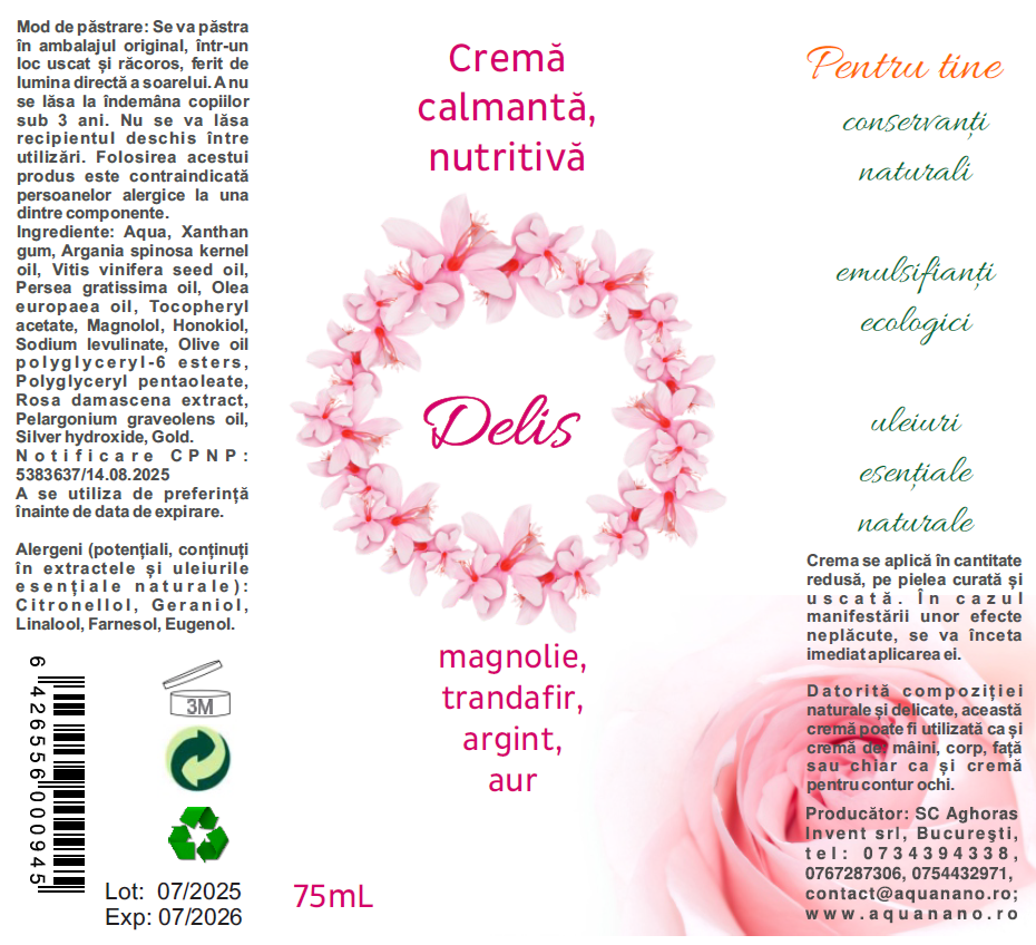 Delis, cremă nutritivă calmantă, cu extract de magnolie, aur și argint, 75ml