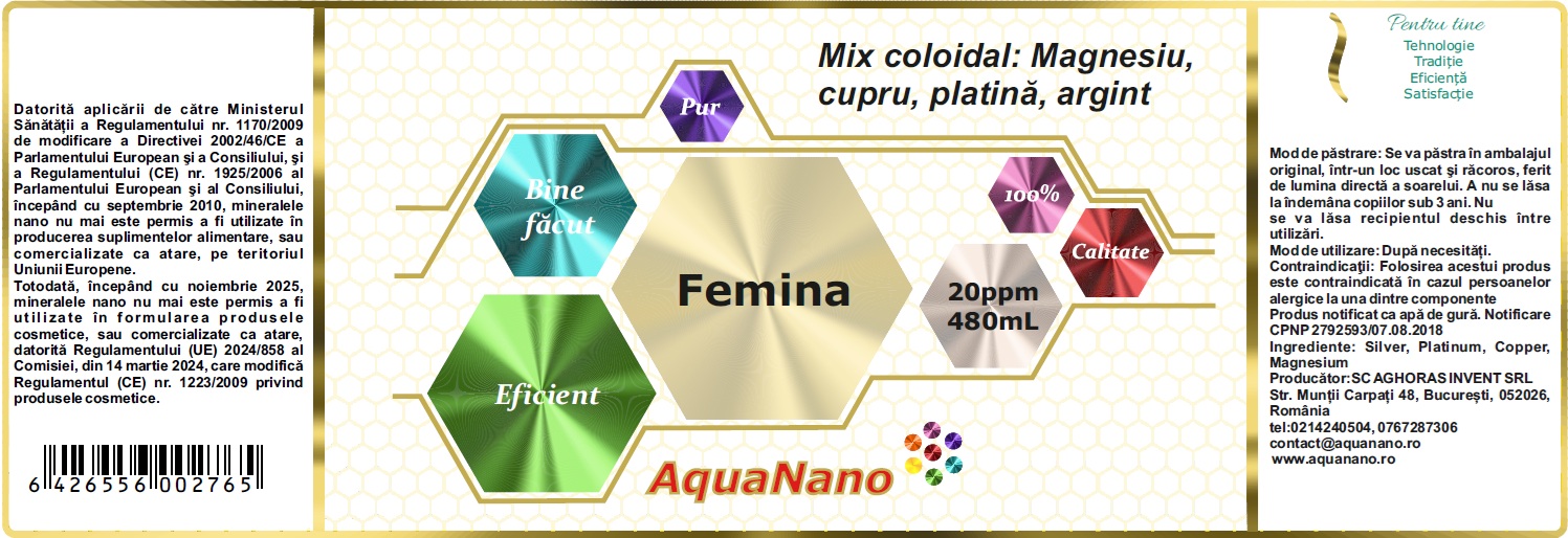 AquaNano-Femina, mix de argint, magneziu, platină și cupru coloidal, 20ppm - imagine 2